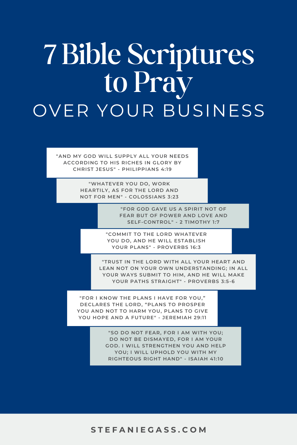 An infographic by Stefanie Gass teaches seven Bible scriptures on how to pray over your business. The verses include Philippians 4:19, Proverbs 16:3, and Isaiah 41:10. The image title is: Ep-835-How-to-Have-a-Business-Meeting-With-God-Stefanie-Gass-Infographic