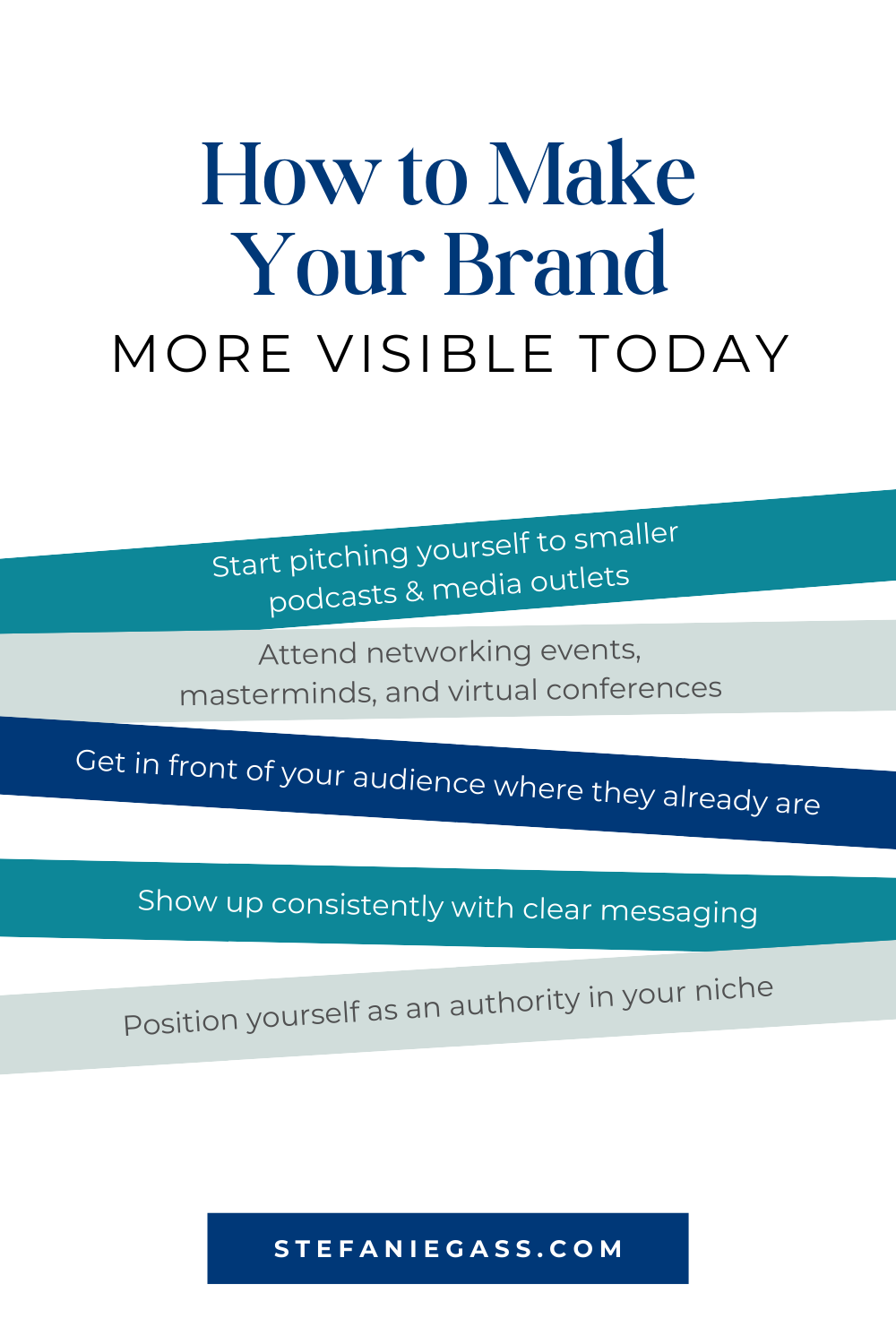 An infographic by Stefanie Gass teaches online entrepreneurs how to make their brands more visible today. It includes pitching themselves to smaller podcasts, attending networking events, getting in front of the right audience, showing up consistently, and positioning yourself as an authority in your niche. The image title is: Ep-836-Master-Your-Message-and-Elevate-Your-Brand-with-Julie-Solomon-Stefanie-Gass-Infographic